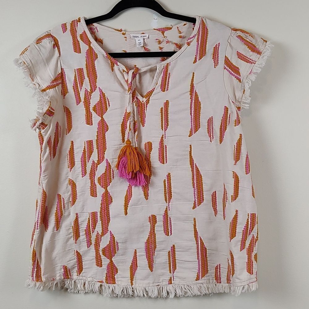 Tribal Jeans Cotton Embroidered Cap Sleeve Tassel Tie Fringe Top
